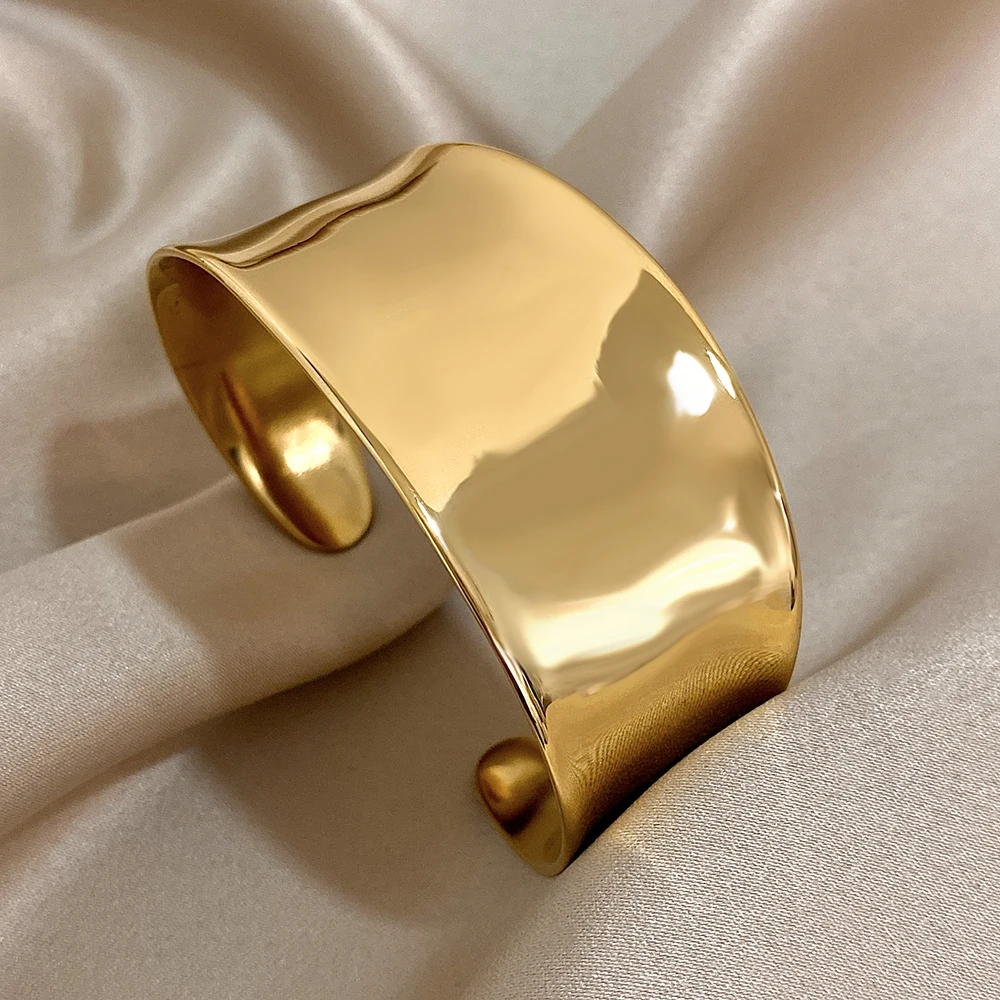 Unregelmäßige geometrische Edelstahl-Manschettenarmreif für Frauen, glänzend, klobige Goldfarbe, breites Armband, wasserdichter Schmuck