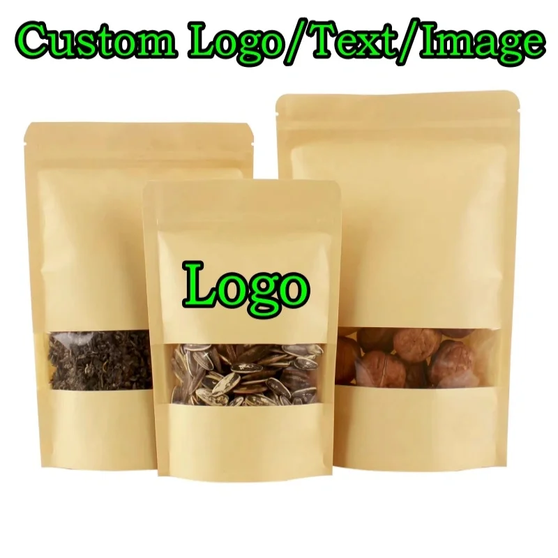 50PCS Kraft Paper Clear Window Ziplock Packaging Bag DIY Stand-up Matcha Cocoa Tea Snack Sugar Coffee Candy Beaf Storage Pouches