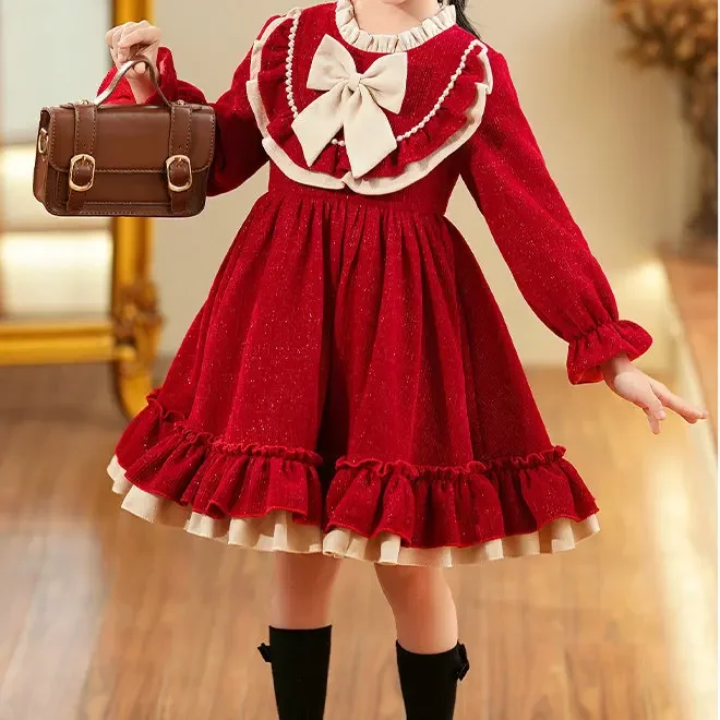 Girls 2023 Winter New Fashionable Korean style Dress Children Fashionable Bow Lace Collar Plush Thickened Princess Dress