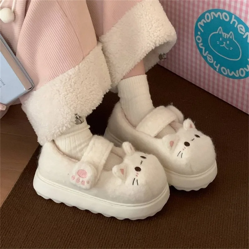 Oryginalne japońskie kawaii lolita bawełniane buty jesienno-zimowe kapcie domowe dziewczęce z kreskówkowym kotem, zapinane na rzep, z grubą podeszwą.