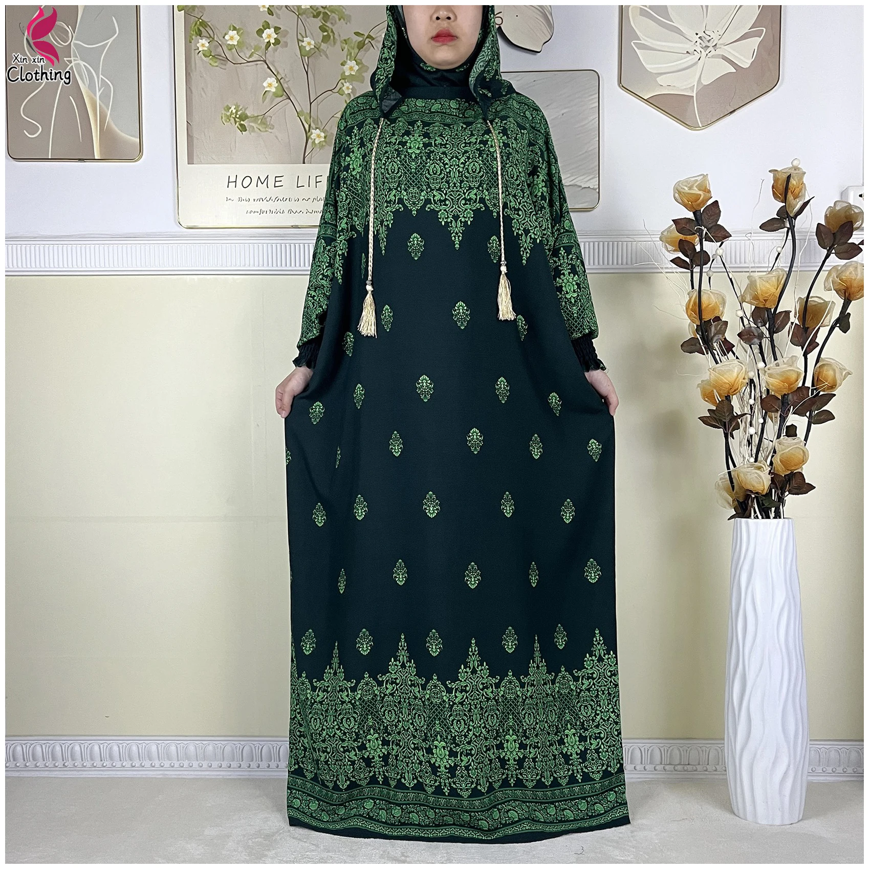 

2025 Latest Cotton Abaya Double Hat Muslim Ramadan Prayer Clothing Casual Robe Long Sleeves Loose Woman Islam Prayer Clothing