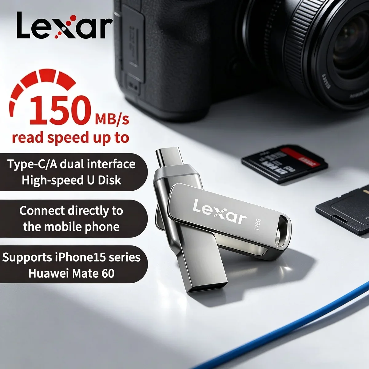 Original Lexar Dual port USB Pendrive Mini U Stick Memory Stick D40T USB Flash Drive Type C USB 3.2 Read Max 150mb/s 128GB 256GB
