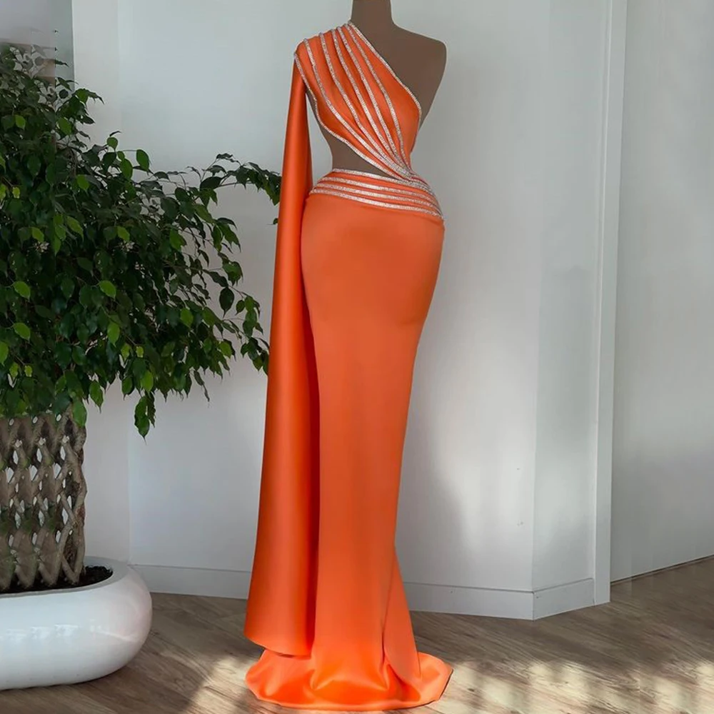 

Flechazo Orange One Shoulder Evening Dress Sheath Floor Length Sleeveless Sexy Satin Women Prom Banquet Custom Made Gowns