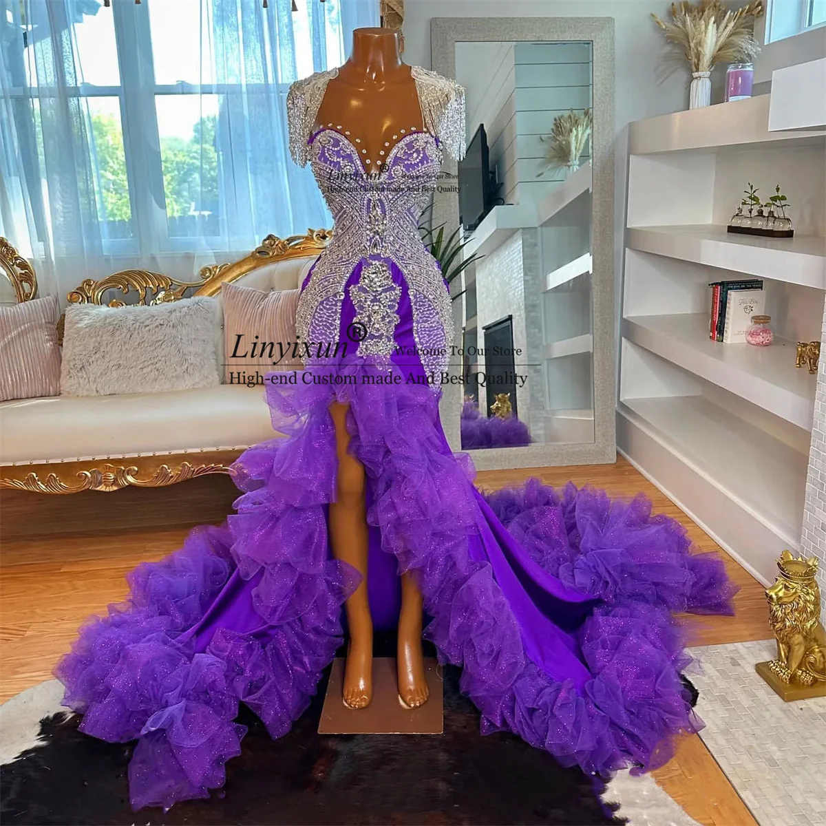 Luxury Purple Sexy Prom Dresses For Black Girls Tassels Ruffles Formal Evening Dress Glitter Beaded Side Slit Vestidos De Gala