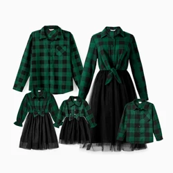 PatPat Family Matching Outfits Green Plaid Long Sleeves Shirt Tulle Mesh Dress