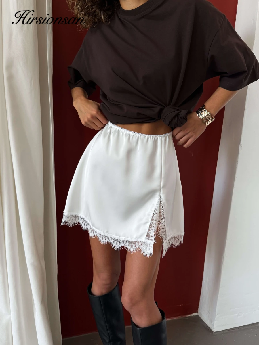 High-Waist Satin Mini Skirt with Lace Trim for Women