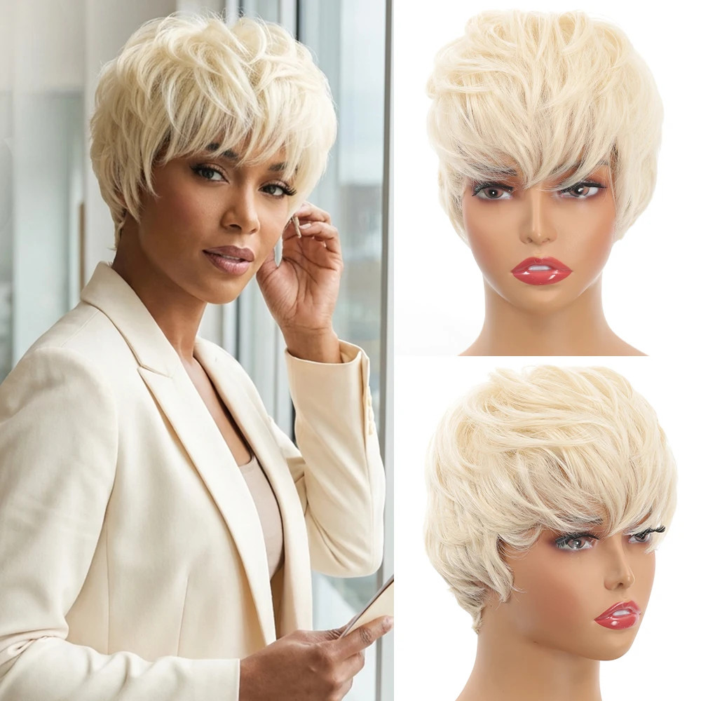 Synthetic Short Pixie Cut Wigs for Women Short Heat Resistant Layered Wig with Bangs Natural Looking Wig for Daily Party Use ﻿