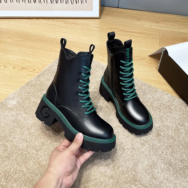 Women's Short Boots 2023 Spring and Autumn New Genuine Leather Thick Sole Heightening and Showing Height in the Foot Boots