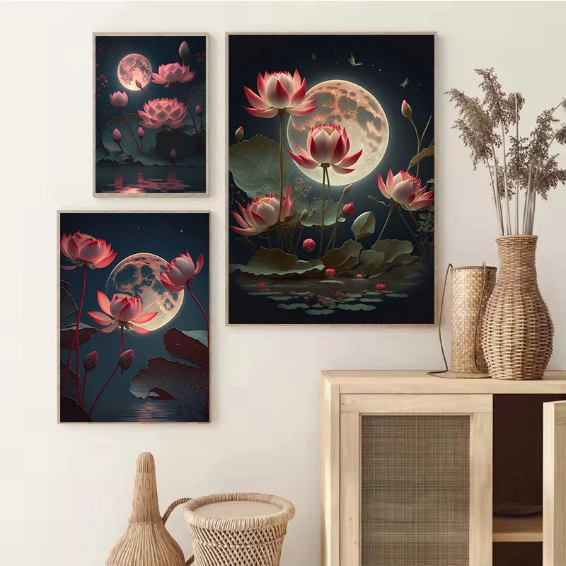 1pc frameless Canvas Painting Vintage Traditonal Chinese Style Lotus Flower Pond Moonlight Landscape Art Poster Canvas Painting