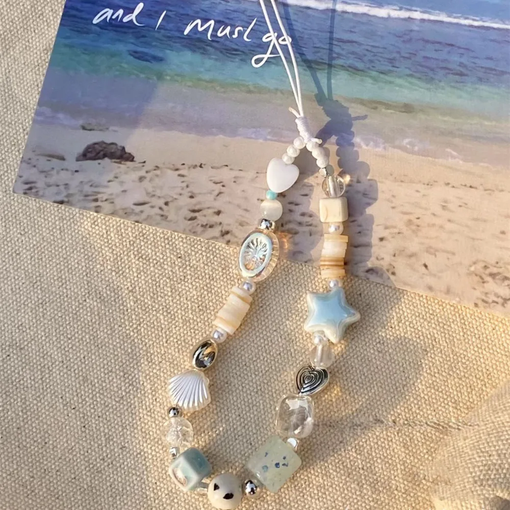 Flower Star Cell Phone Charm Strap Beaded Sea Breeze Summer Cell Phone Hanging Chain Kawaii Y2K Cell Phone Wrist Strap