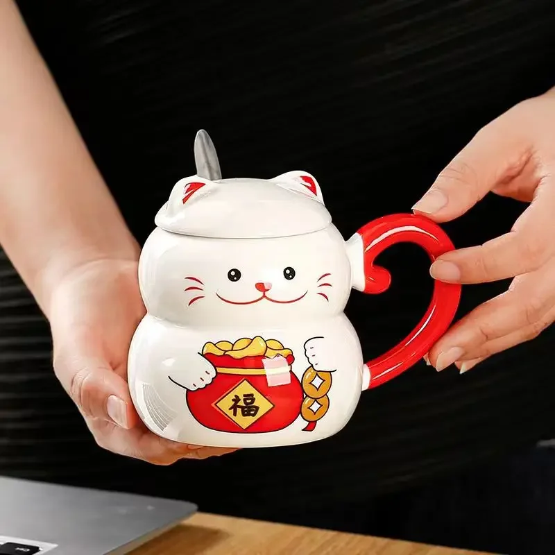 

Керамическая кофейная кружка Lucky Cat с крышкой для кошки, креативный милый мультяшный милый подарок для завтрака, бутылка для воды, офисная посуда для питья, посуда для напитков