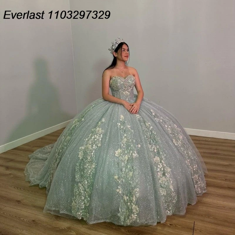 EVLAST Customized Sage Quinceanera Dress Ball Gown Lace Applique Beading Puffy Sleeve Sweet 16 Vestidos De XV 15 Anos TQD664