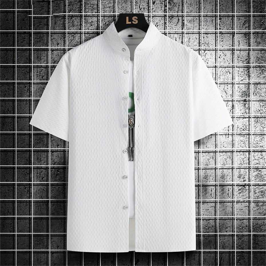 Summer Short Sleeve Shirts Men 8XL Plus Size Shirts Stand Collar Fashion Casual Solid Color Shirt Male Big Size Tops Summer