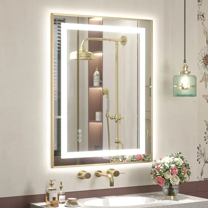 24x36 Gold LED Bathroom Mirror with Lights, Frontlit & Backlit Metal Framed Mirror, Lighted Bathroom Vanity Mirror