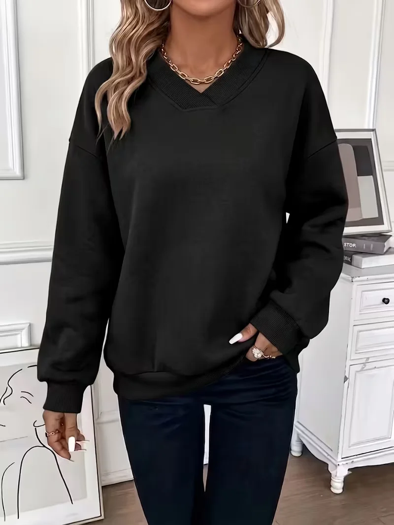 Women V‑Neck Long Sleeve Sweatshirt Loose Drop Shoulder Pullover Casual Solid Color Basic Tops For Daily Street Wear