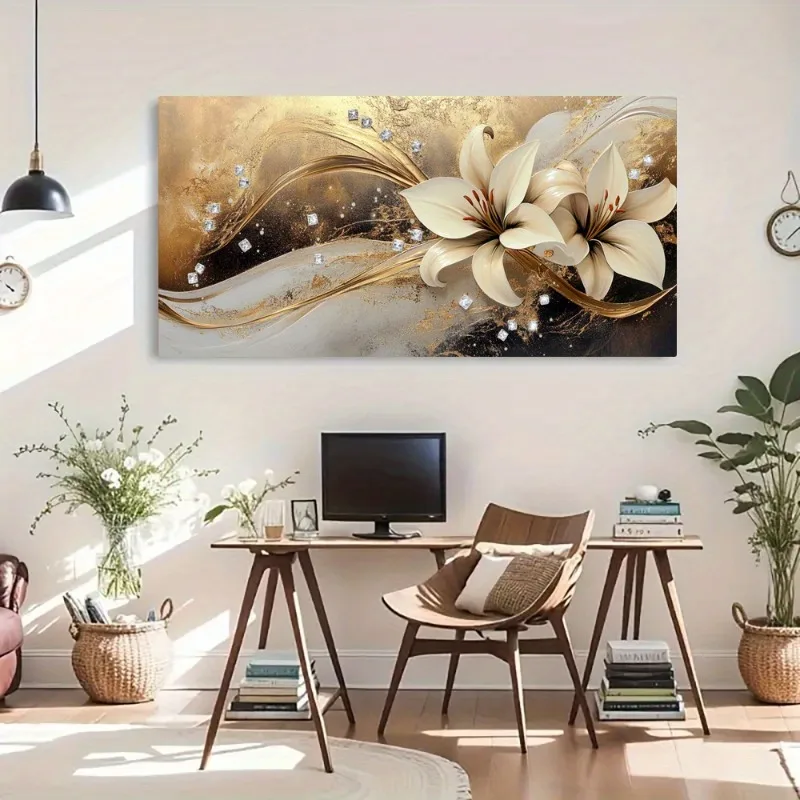 

1pc Frameless Golden Background White Lilies Wall Art - Luxury Large Horizontal Canvas Print for Living Room, Bedroom Home Decor