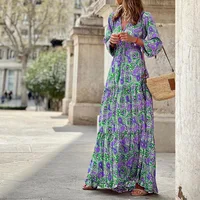 Floral Print V Neck Bohemian Long Dress