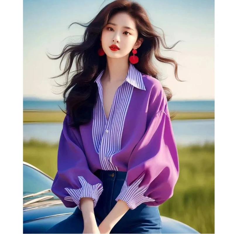 Purple Striped Patchwork Elegant Blouse Spring Autumn New Polo Neck Contrast Office Shirt Tops Temperament Fashion Women Clothes