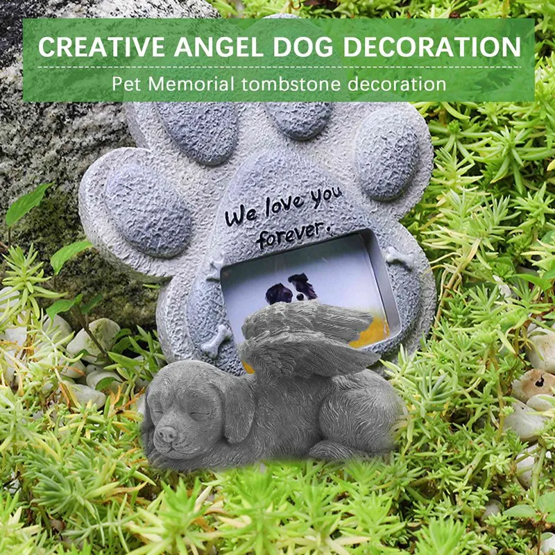 A21I-Dog Angel Pet Memorial Tombstone Marking Carved Statue, Resin, Stone Finish