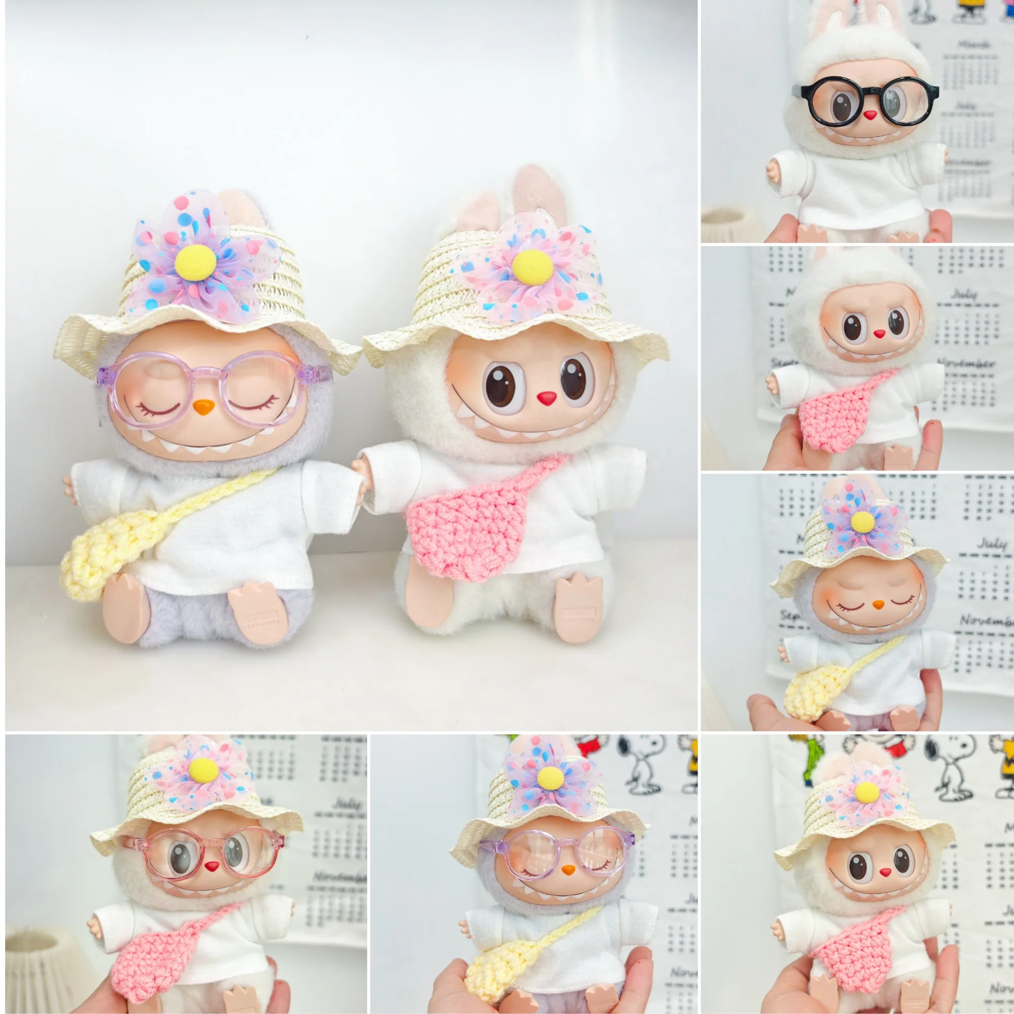 

15/17 Cm LABUBU Doll Clothes 1st 2nd 3rd Gen Cute Simple White T - shirt Small Bag With Flower Wave Straw Hat Glasses