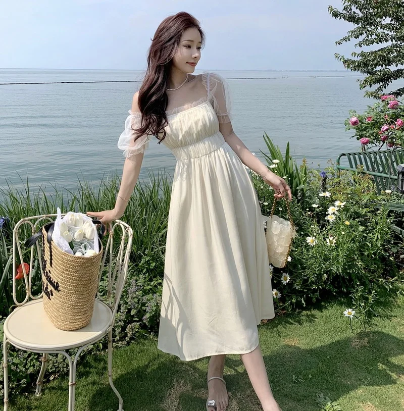 

Retro Mesh Short-sleeved Dresses for Women Summer Temperament Square Neck High Waist Long Section Splicingdresses for Women 2023