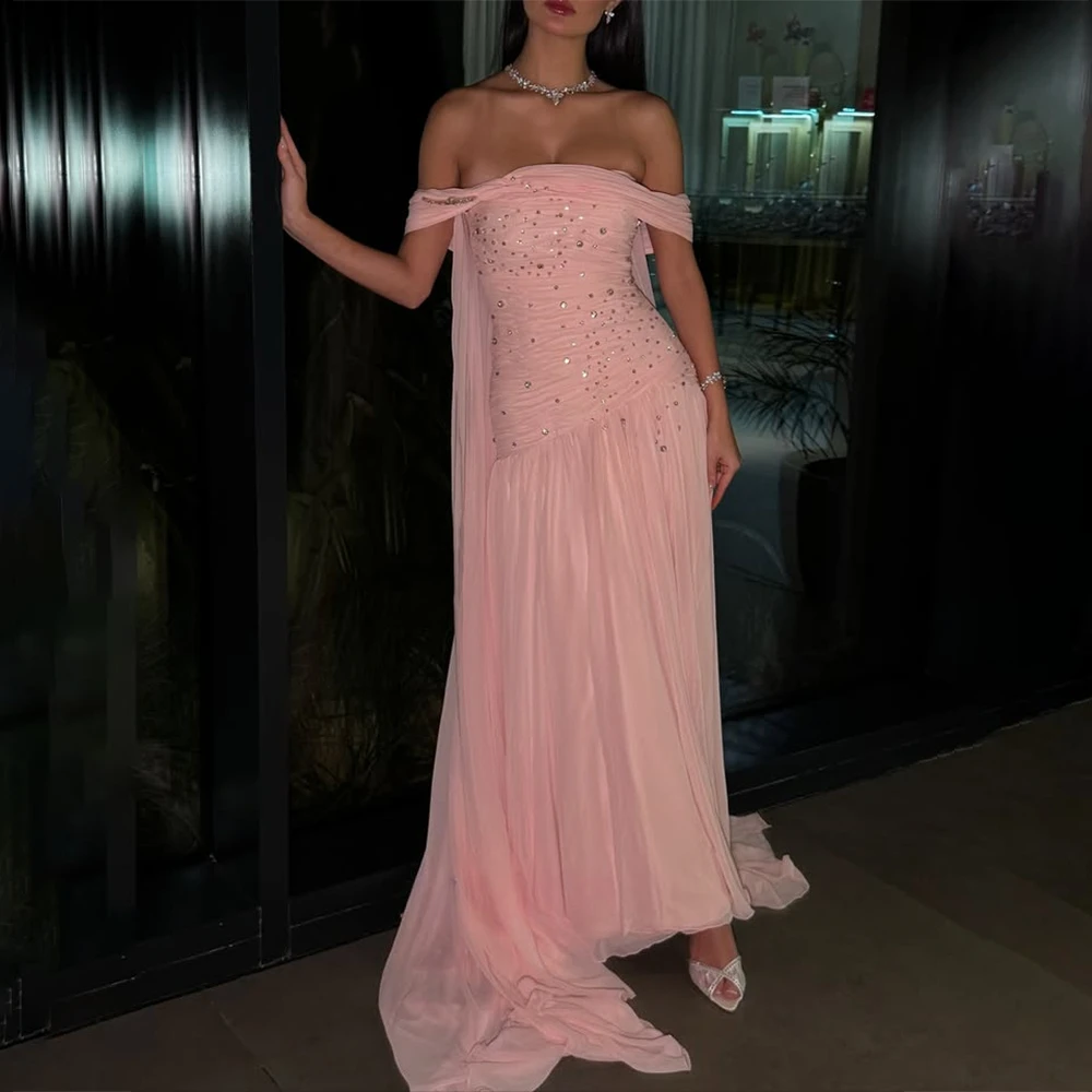 فستان سهرة وردي بدون أكتاف مطرز على شكل حرف A من الشيفون فساتين سهرة طويلة بدون ظهر للحفلات الرسمية في دبي حسب الطلب #2
