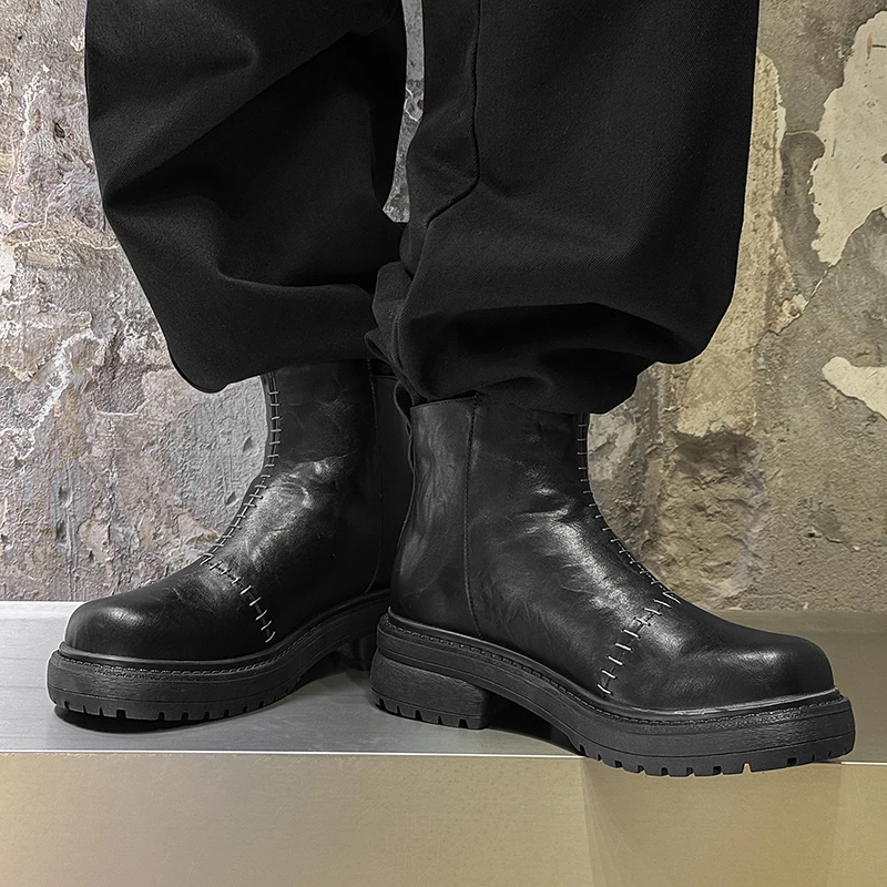 

Men Chelsea Short Boots Thick Bottom Tall Casual Side Zipper Chimney Boots Retro Comfortable Fashionable Motorcycle Boots