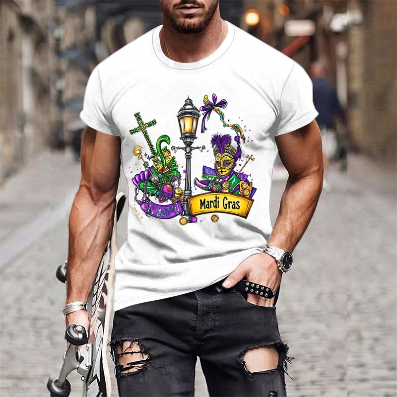 2025 Fashion Mardi Gras Pattern T-shirt For Men Clothing 3D Print Carnival Short Sleeves Loose Casual Streetweat O Neck T Shirts