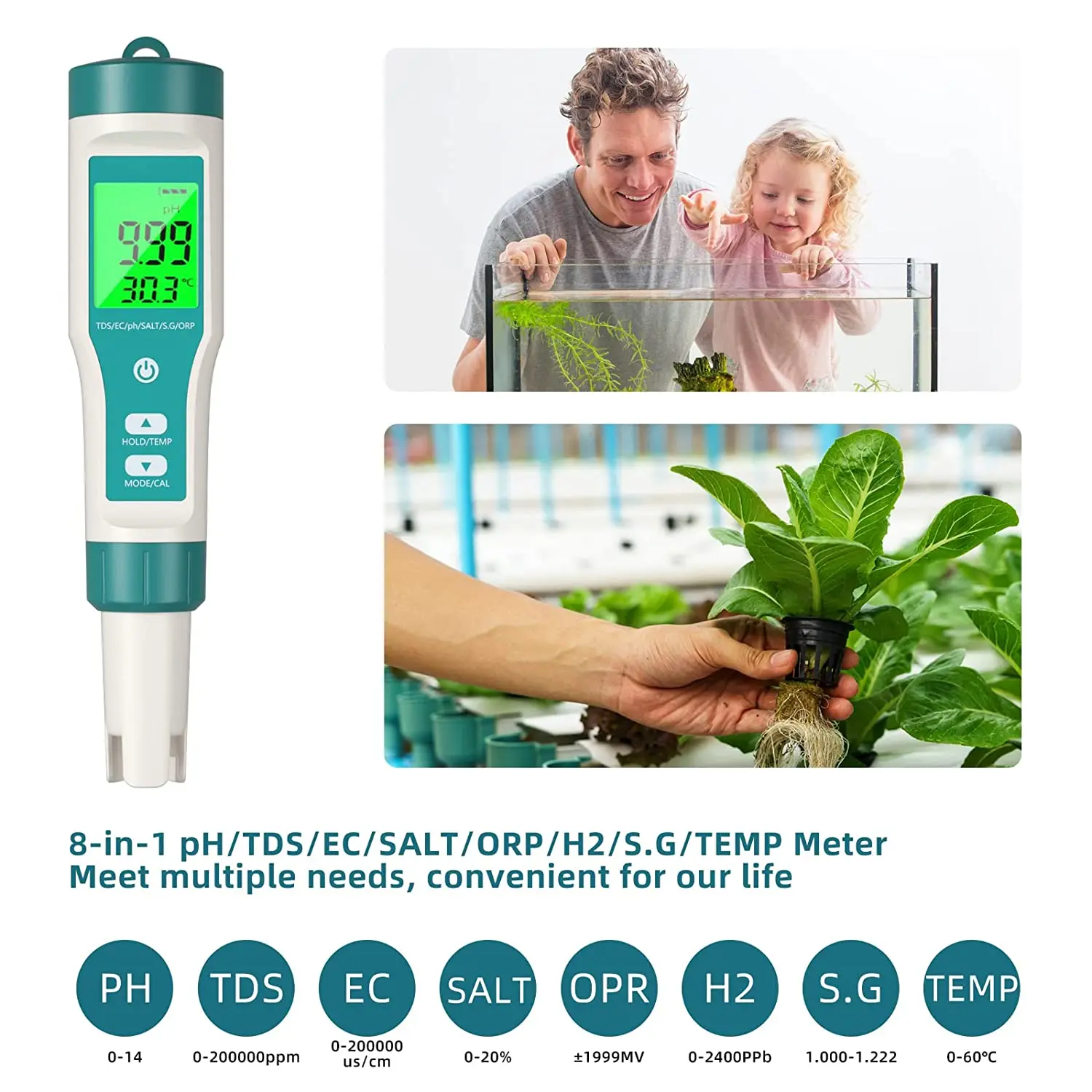 8-in-1 pH/PPM/EC/Salinity/ORP/H2/Temp Tester Digital Range with 0-14, 0.001 High Accuracy, Ideal for Water/Pool/Aquarium/Wine