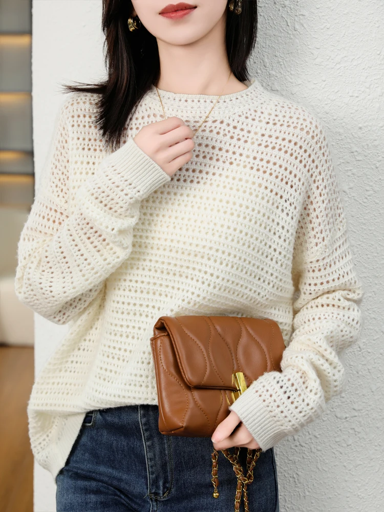 

CHICUU 2024 Women Hollow Wool Pullover Casual Loose Style O-neck Cashmere Sweater Spring Autumn 100% Merino Wool Knitwear Korean