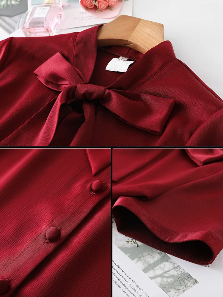 NAVIU Blusas Mujer De Moda 2024 Short Sleeve Blouse Women Bow Colla Office Ladies Tops Wine Red Satin Shirt Female Tops White