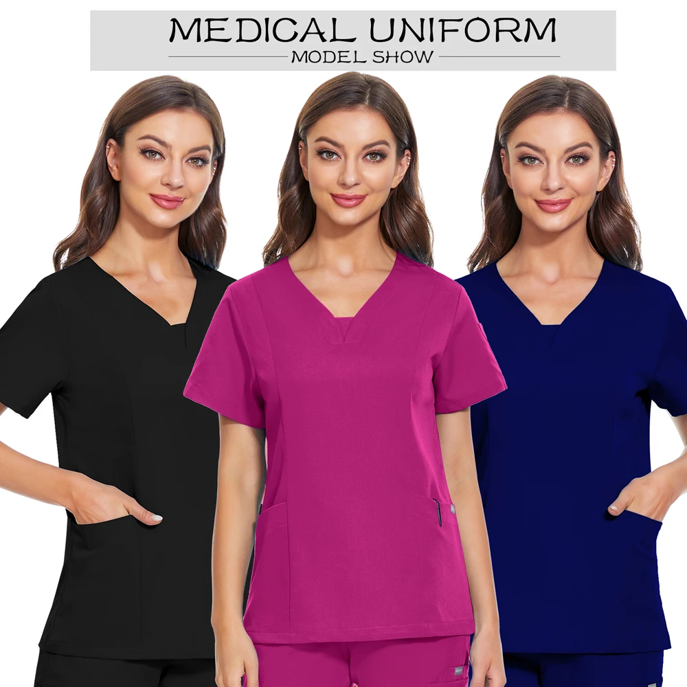 Short Sleeve V-neck Workwear Medical Nurse Uniforms Women Scrubs Tops Dental Dentist Pocket Blouse Clinical Care Workers T-Shirt