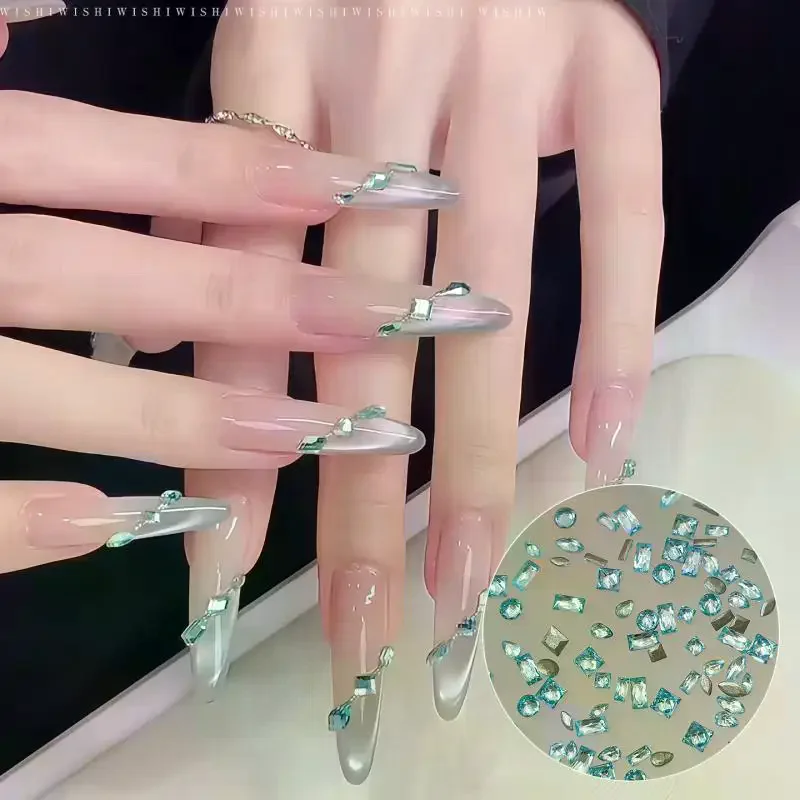 50 Pcs Nail Art Light Blue White Crystal Glass Ocean Blue Flat Bottom Bare Rhinestone Heart Squar Nail Decor Gems Accessories