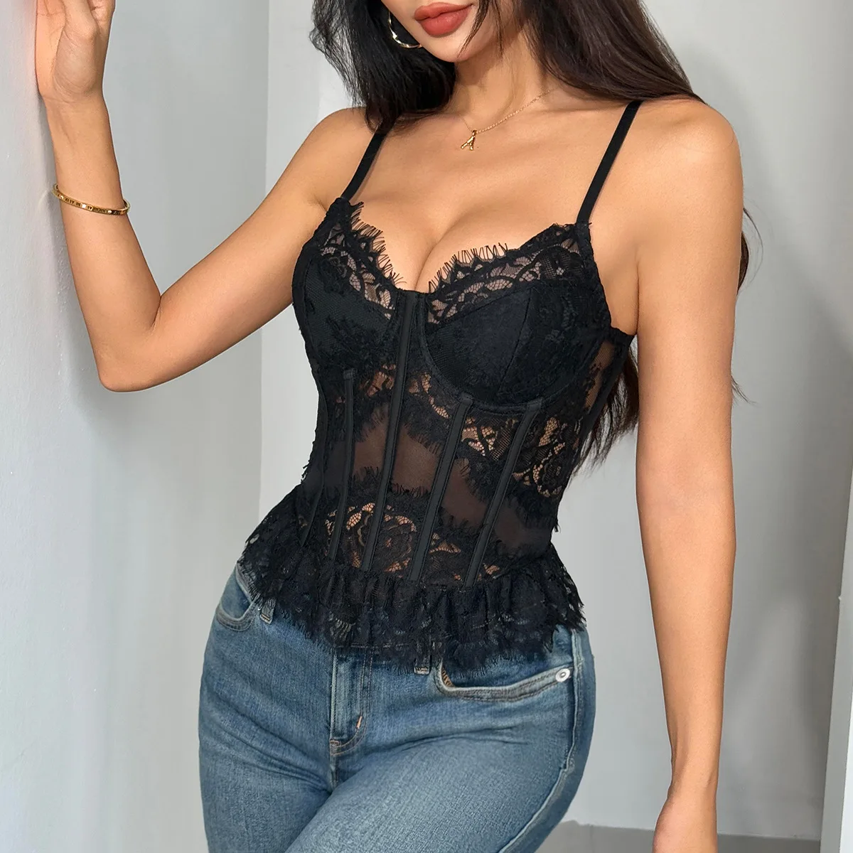 مشد شفاف مثير من الدانتيل المطاط العظام المحاصيل القمم مفتوحة الظهر الكورسيهات النساء الفرنسية حبال سترة سليم بروتيل الصيف ضيق تانك القمم