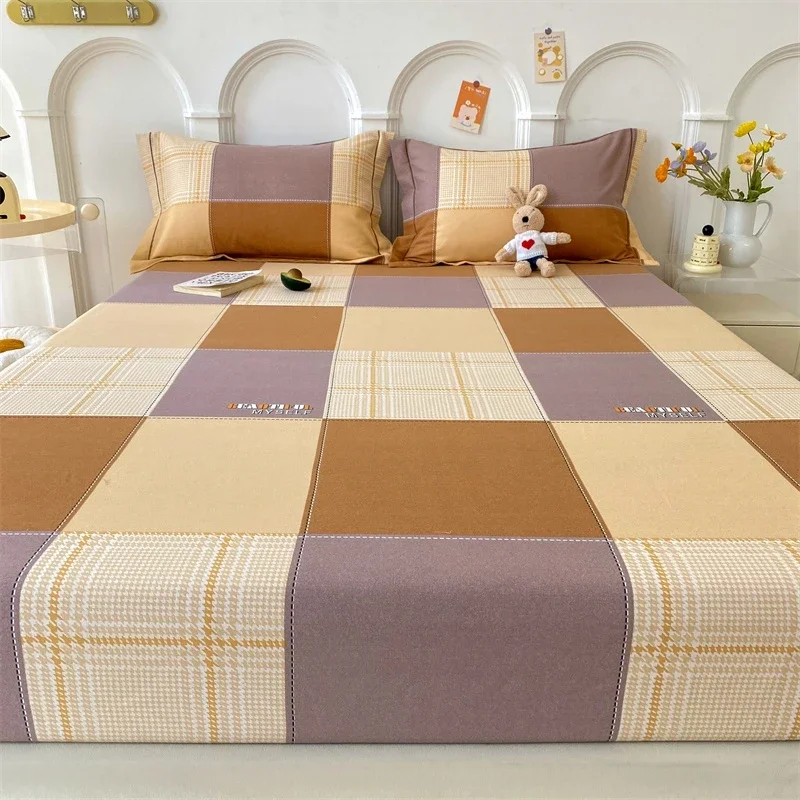 3Pcs Classic Plaid Fitted Sheet Set Simple Geometric Bed Cover with 2 Pillowcases Elastic Soft Skin-friendly Home Bedding Set