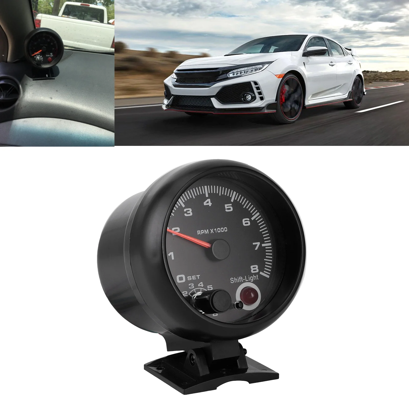 

3.75" Car Tachometer 12V 0-8000RPM - RPM Gauge with Adjustable Shift Light, Universal Fit for 4 6 8 Cylinder Vehicles