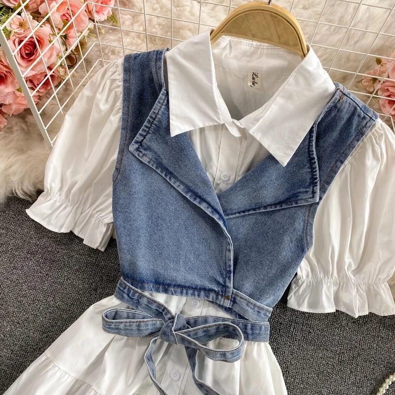 2025 Summer New French First Love Gentle Style A-line Collar Dress Short Sleeve Two Piece Set Cowboy Strap Vest