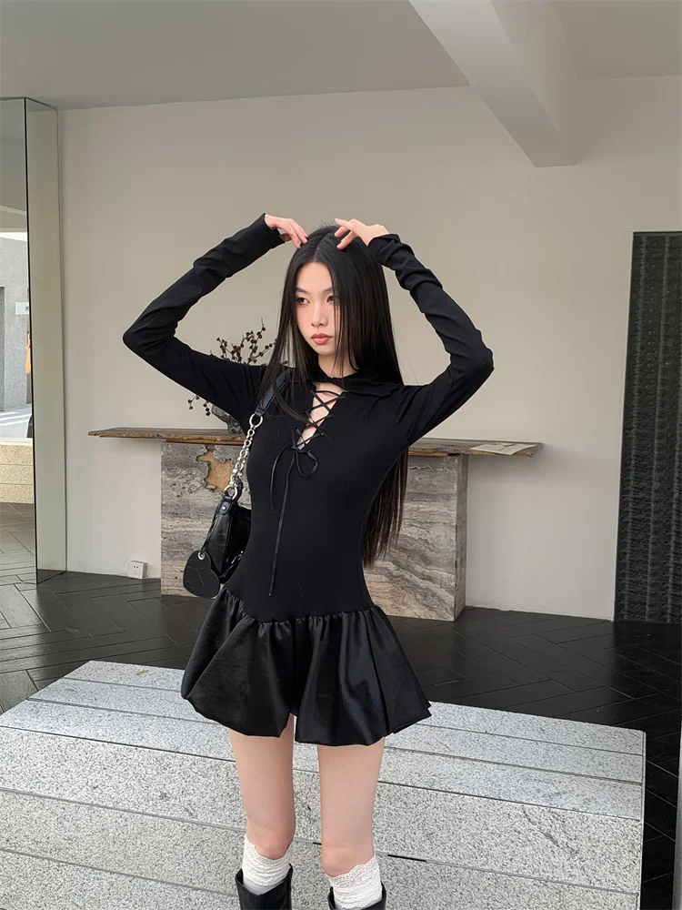 Abito da ballo corto nero gotico con bocciolo corto per donna Mini abiti corti con fasciatura montata sul collo stile punk vintage Party Night Vestido