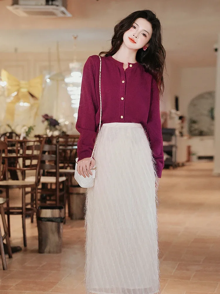 Women's Autumn Outfits Fashion Korean Style Two Piece Set Casual Purple Sweater Jacket+Feather Tassel Skirt Sets Elegant Female