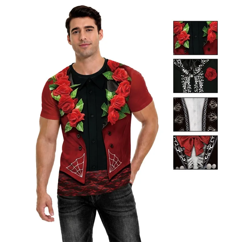 Men 3D Printed Fake Vest Rose Short Sleeve T-Shirt Gothic Halloween Carnival Crew Neck Casual Tops