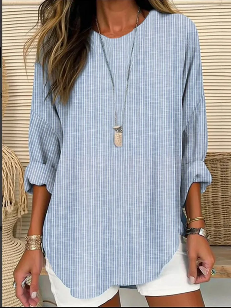 

Lady Fashion Striped Shirt Casual O Neck Three Quarter Pullover Shirts Tops For Women Office Holiday Womens Clothing Spring New