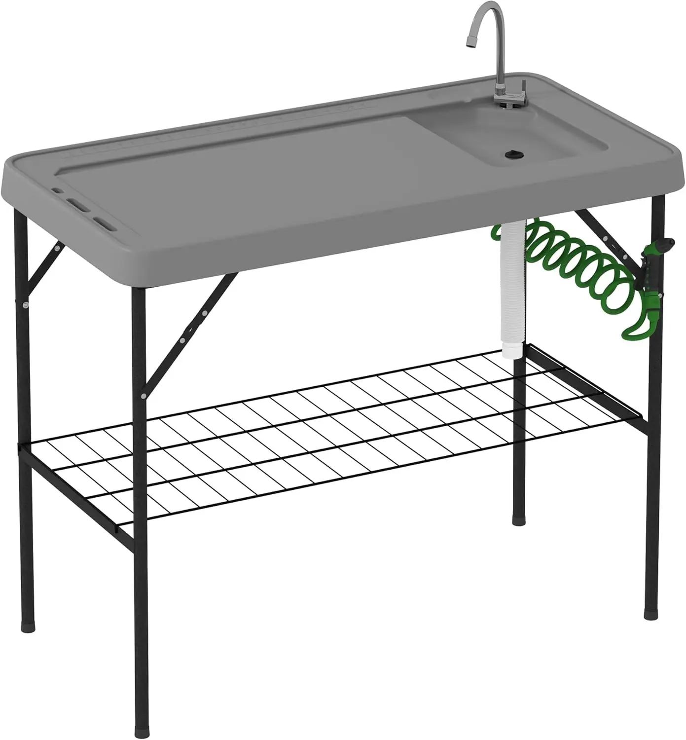 

Folding Fish Cleaning Table with Sink, Portable Camping Sink Station with Faucet, Drainage Hose, Sprayer and Grid Rack
