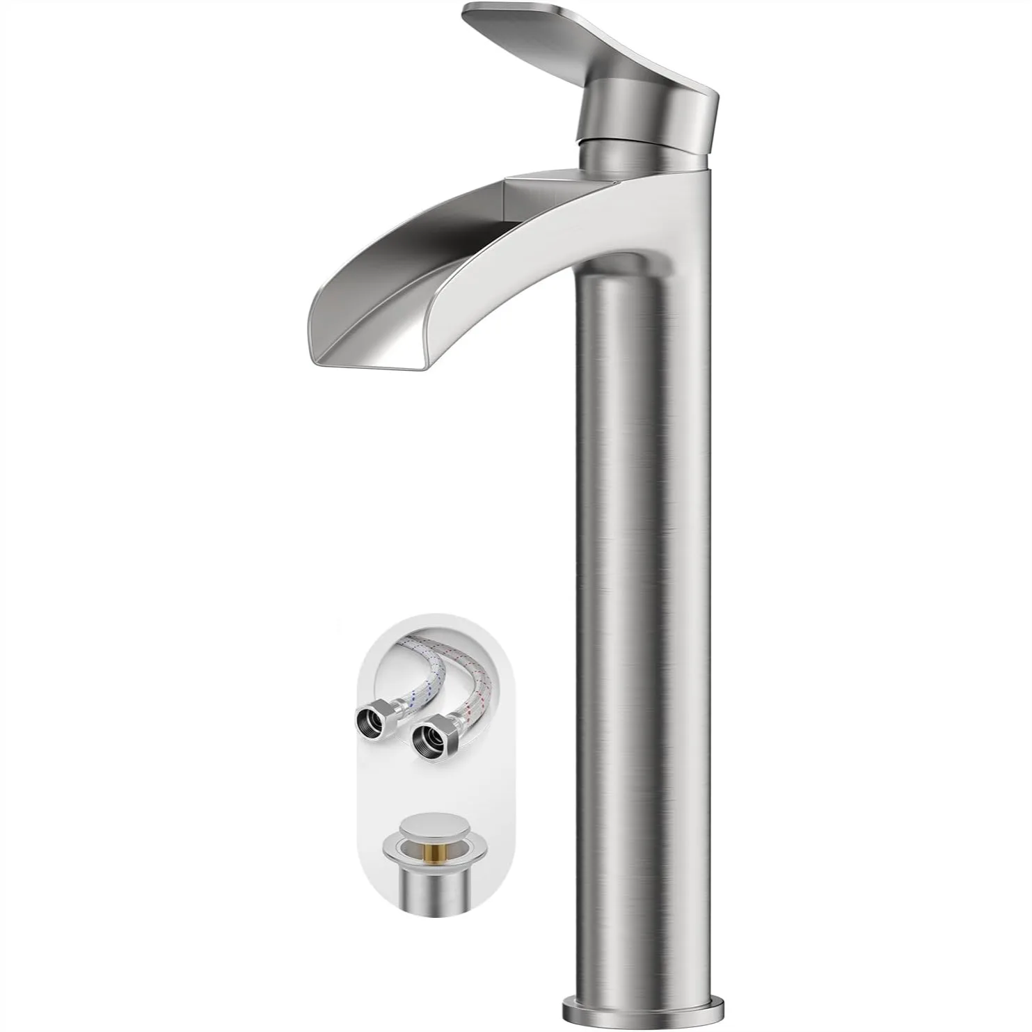

Brushed Nickel Tall Vessel Sink Faucet, Waterfall Single Hole Bathroom Faucet with Pop Up Drain and Supply Lines