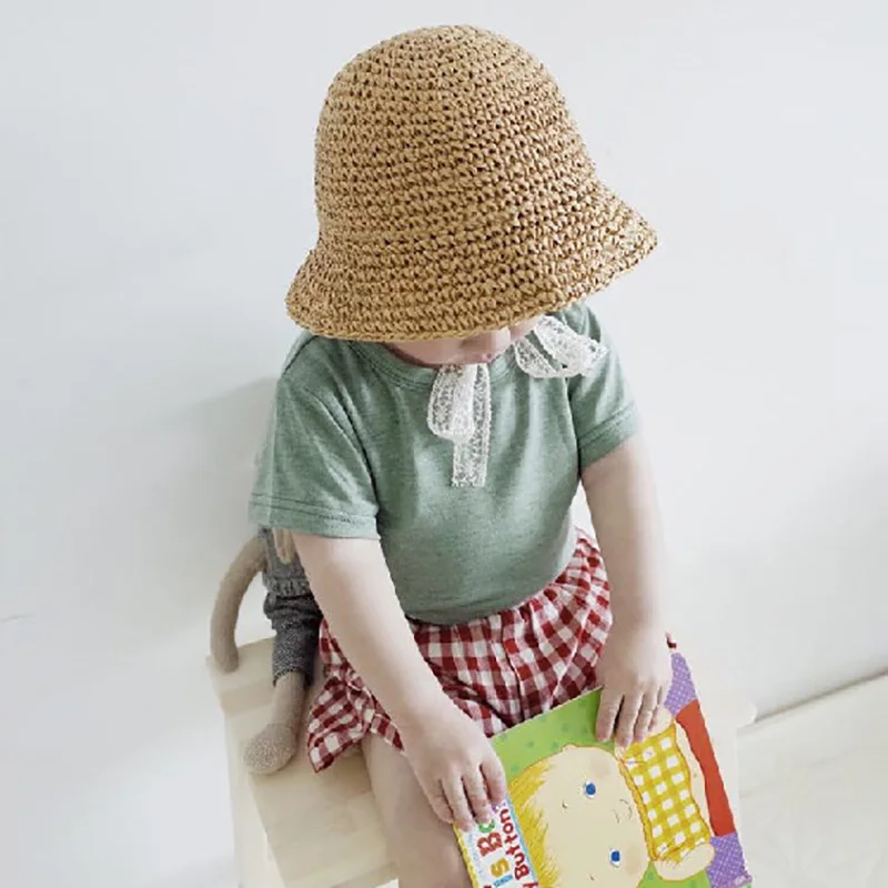 Cute Summer Kids Straw Sun Hats Wide Brim Girls Boys Beach Hat Children Funny Cap With Lace Windproof Cord Hat