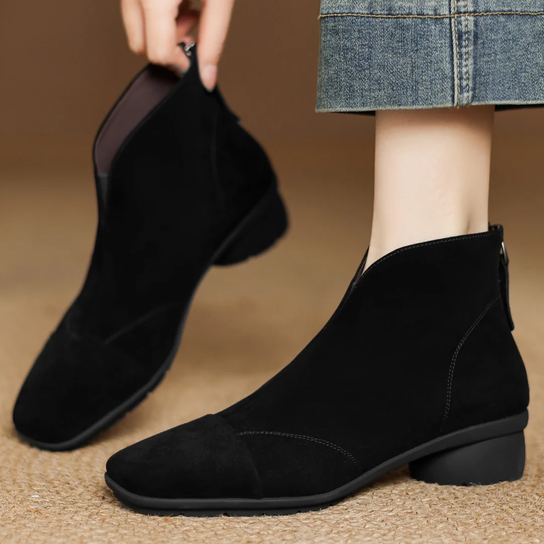

Women's natural suede leather patchwork square toe back zip autumn ankle boots high quality soft comfortable casual short boots