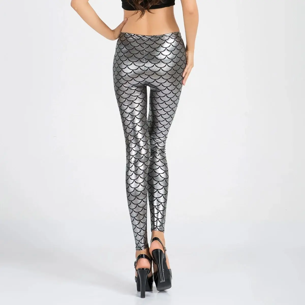 New European And American Silver Fish Scale Leggings High Bounce Slimming Nine-point Pants Sexy Hip Lift Small Foot Pants