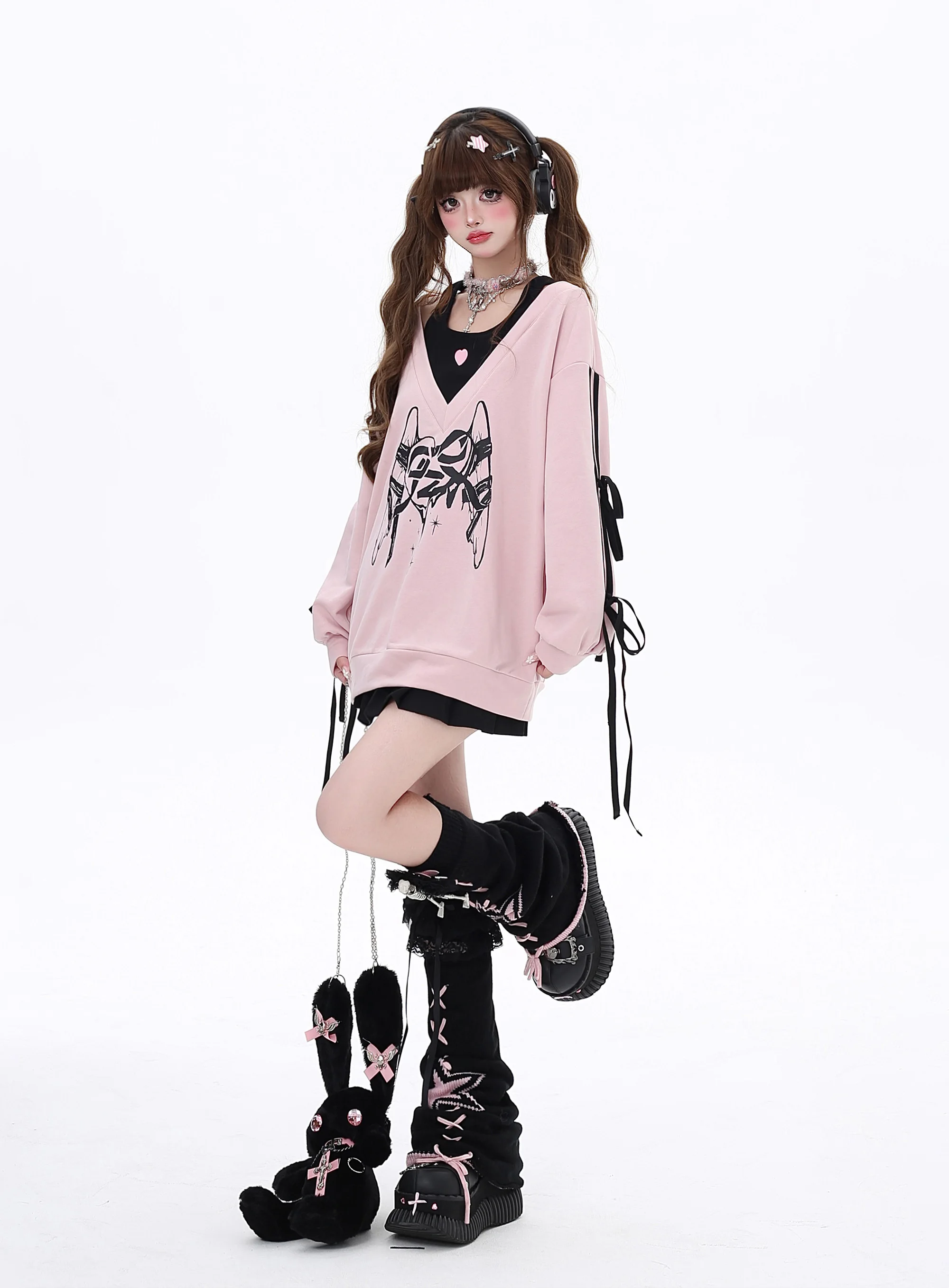 서브컬처 스윗쿨 걸 Y2K 의류 프린트 레이스업 오프숄더 긴팔 패션, 루즈한 풀오버 스웨터, 여성 가을