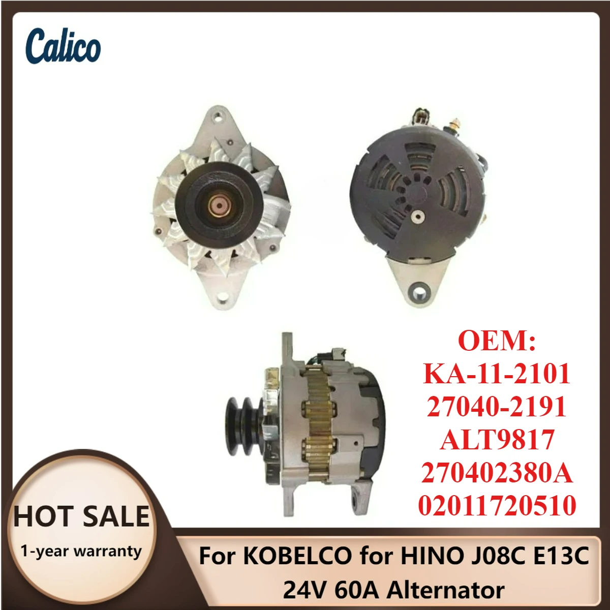 

Высококачественный генератор 24В 60А для KOBELCO, HINO J08C, E13C (KA-11-2101, 27040-2191, ALT9817, 270402380A, 02011720510)