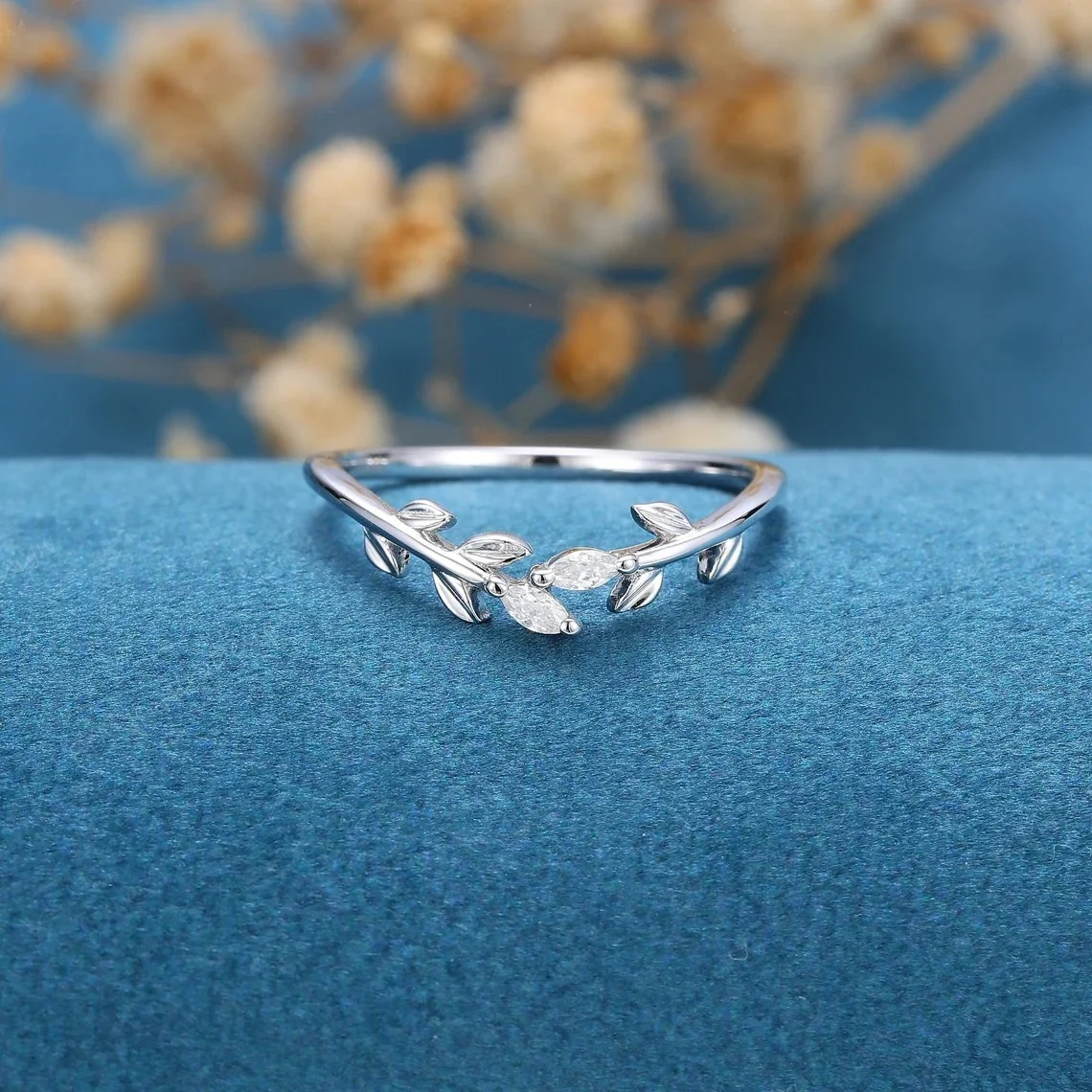 Marquise Cut Natural Zircon Wedding Band 925 Sterling Silver Unique Leaf Branch for Women Stacking Ring Gold Plated Jewelry