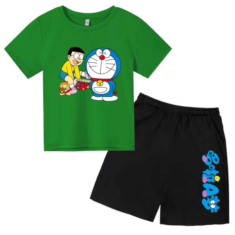 

Fashion T-shirt Kids Summer Anime Doraemon Pretty Girl Clothing 3-12Yrs Boy Girl Short-sleeved+Shorts 2psc Casual Sportswear Set